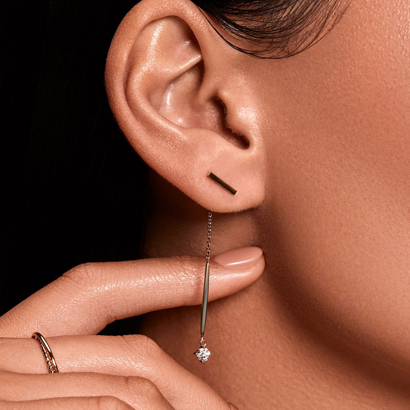 💫 BAR STUD + DIAMOND DROP + CONNECTED CHAIN SET - Hey Babe LA